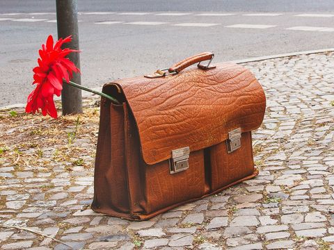 Auf einem mit kleinen gepflasterten Gehweg steht eine braune Aktentasche mit zwei silbernen Schnallen. Aus der Tasche schaut links eine Gerberer heraus in rot.