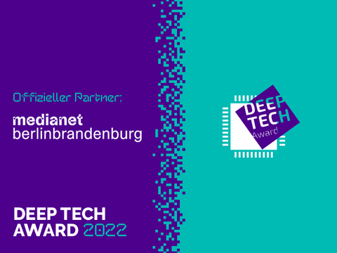Logos medianet und Deep Tech auf lila/türkisem Hintergrund