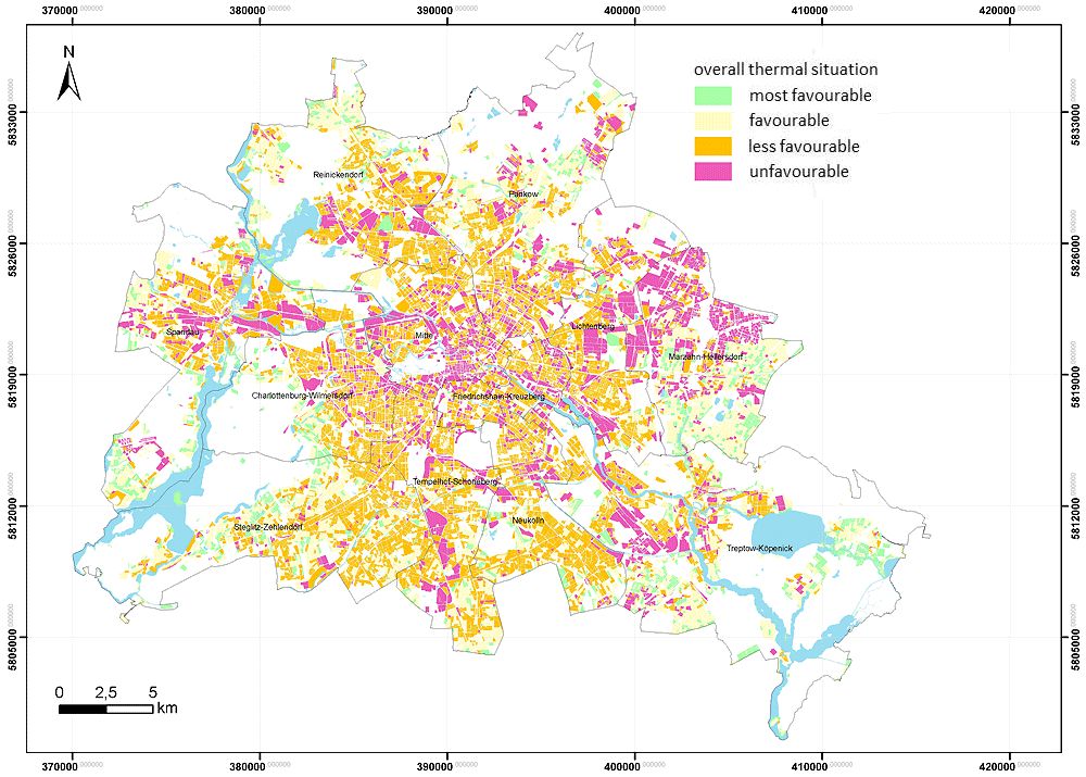 Fig. 2: Spatial distribution of evaluation classes for the overall thermal situation in the settlement areas (linking of day and night situation ) of Berlin. (Image: Umweltatlas Berlin)