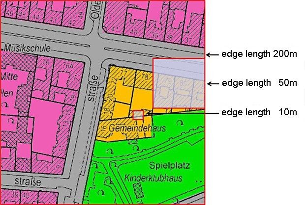 Grid widths of the three modelling versions of the climate model Berlin between 2002-2003 (200 m edge length) and 2013-2015 (10 m)