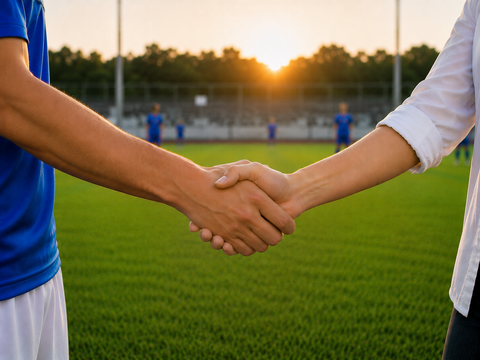 Weibliche Person schüttelt Fußballspieler die Hand auf dem Fußballfeld