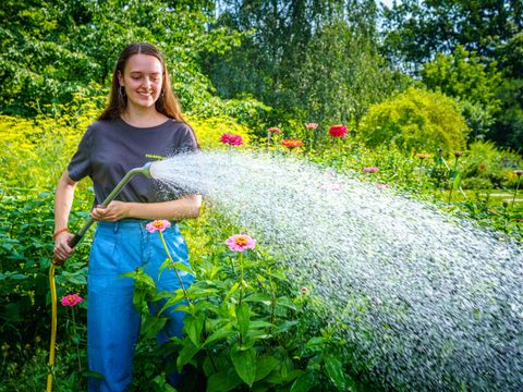 Ein Mädchen gießt Blumen