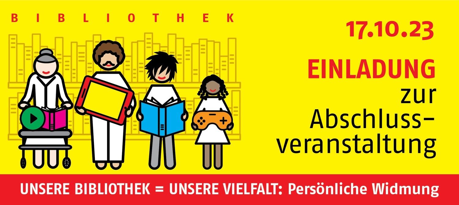 Grafik mit Veranstaltungstitel und Piktogrammen verschiedener Personen in der Bibliothek