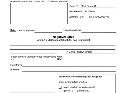 Darstellung des Antragsformulars auf Erstellung eines Negativzeugnisses gemäß §28 Baugesetzbuch