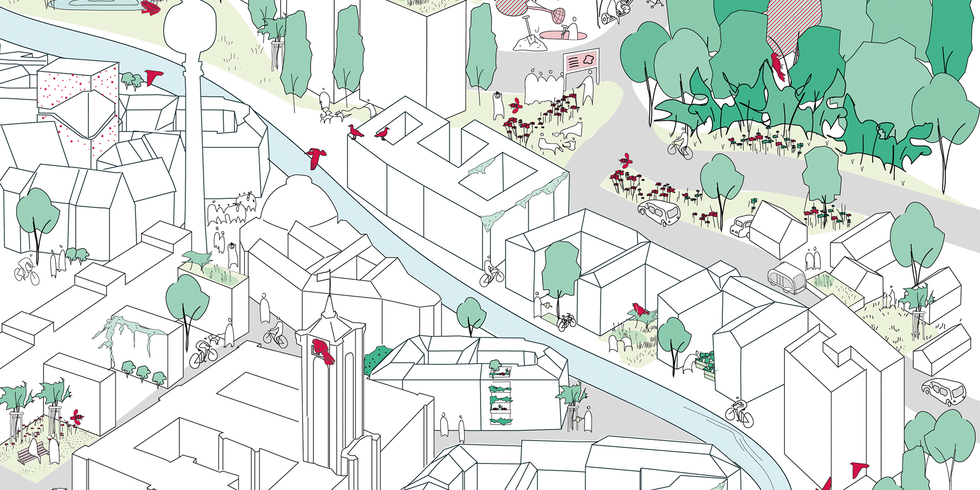Eine stilisierte Abbildung von Berlin Mitte mit angrenzenden Naturgebieten von oben. Der Fernsehturm und der Turm des Roten Rathauses überragen die als weiße Quader gezeichneten Häuser. Dazwischen einige Menschen, Autos und Radfahrer*innen. In einem großen Bogen durchquert die Spree die Stadt. Rechts im Hintergrund befindet sich ein Wald. Lebewesen wie Vögel oder Pflanzen stechen überall leuchtend rot hervor. Zum Beispiel ein Specht im Wald oder eine Kröte in einem Teich.