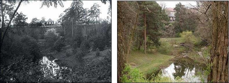 Fotovergleich historisch und heute - Teich, Rüdersdorfer Formation und Pavillon am Brixplatz