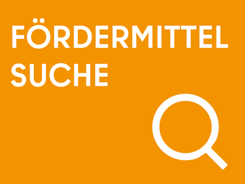 Orange Kachel mit der Aufschrift "Fördermittelsuche"