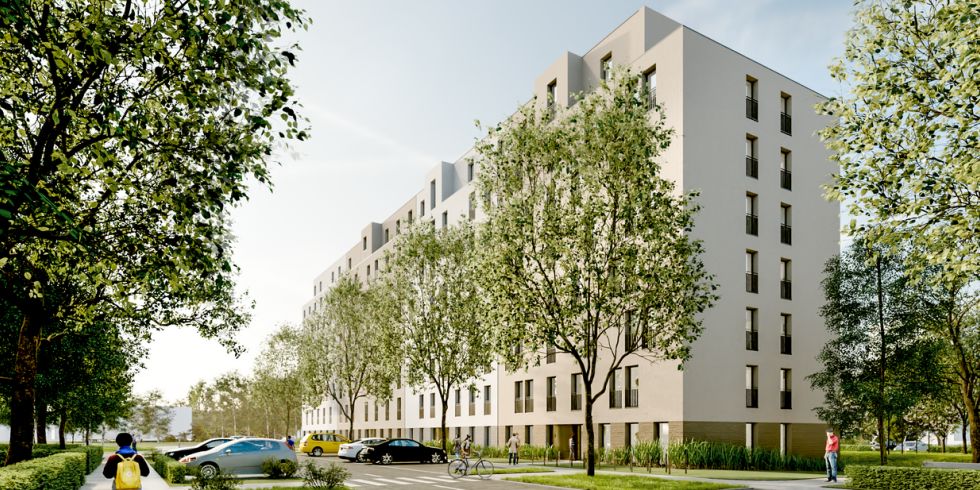 Auf dem Bild ist ein 3D-Rendering in der Außenansicht eines Neubauprojektes in Berlin zu sehen.