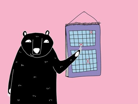 Titelzeichnung Kalender. Gezeichneter Bär steht vor Wandkalender und zeigt auf einen angekreuzten Tag