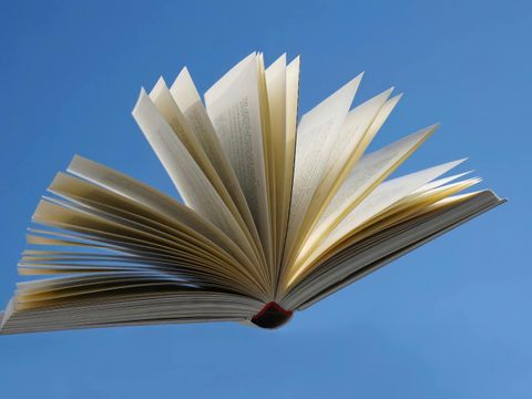 Ein aufgeschlagenes Buch fliegt vor blauem Hintergrund