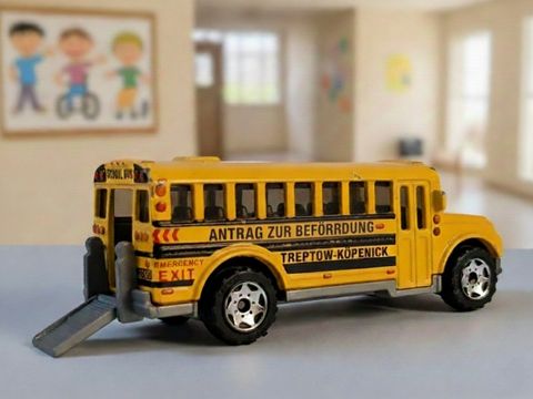 Schulbus mit Aufschrift "Antrag Beförderung"