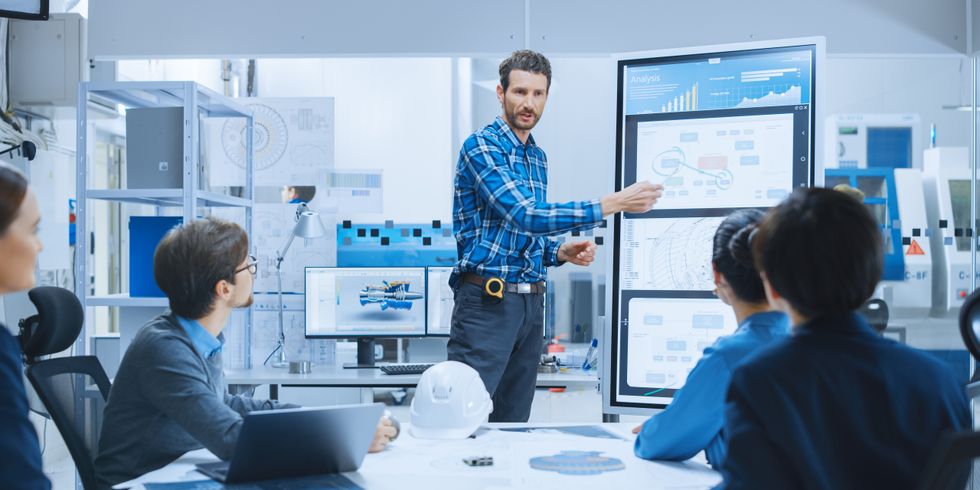 On a Meeting Chief Industrial Engineer Reports to a Group of Specialists, Managers, Uses Digital Whiteboard to Show Statistics and New Eco-Friendly Engine Concept. Sustainable Green Energy Research