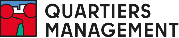 Quartiersmanagement Logo mit 2 roten Männchen, die sich umarmen