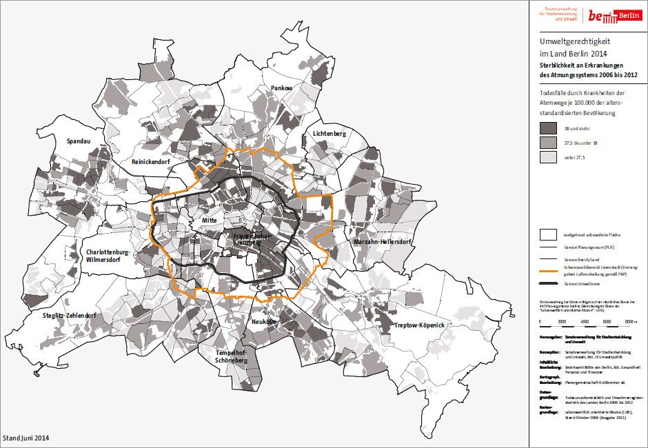 Abb. 6: Verteilung der Sterblichkeit an Erkrankungen des Atmungssystems 2006-2012 auf der Ebene der Planungsräume in Berlin (Bild: Amt für Statistik Berlin-Brandenburg, Bezirksamt Mitte von Berlin, Abt. Gesundheit 2015)