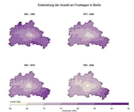 Abb. 12: Entwicklung der Anzahl an Frosttagen in Berlin führ die drei Referenzperioden 1961-1990, 1971-2000 und 1991-2020, basierend auf DWD-Rasterdaten