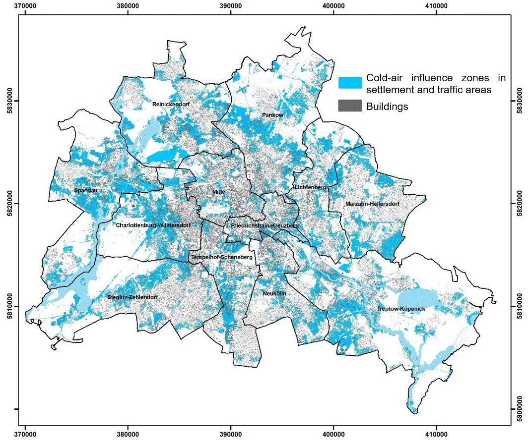Figure 8: Cold-air influence zones of the elements contributing to Berlin’s urban ventilation under locally driven weather conditions