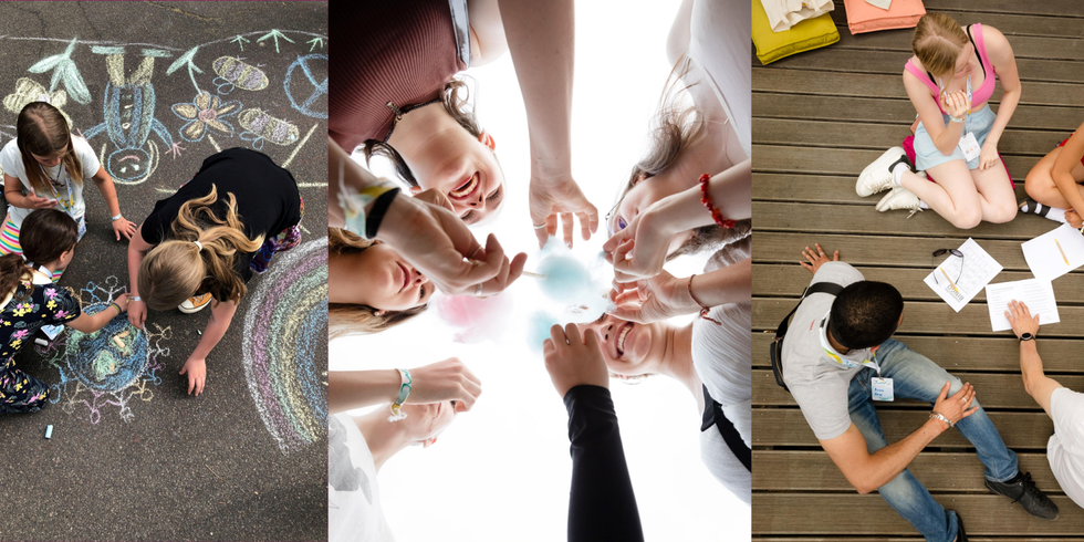 Dreiteiliger Banner: Kinder beim Malen mit Kreide auf einer asphaltierten Fläche, Jugendliche beim Essen von bunter Zuckerwatte, Jugendliche bei der gemeinsamen Textarbeit