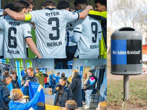 Collage mit drei Aufnahmen des Spieltages, Spieler des FC Internationale, Besucher des Kleidertausches, Mülleimer mit Aufschrift „Wir haben Kreislauf“