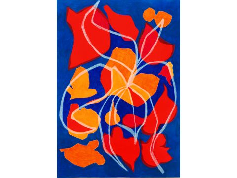 abstrakte Zeichnung von roten und orangenen Blütenblättern auf blauen Hintergrund