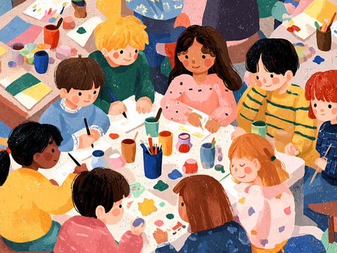 Bunte Illustration von Kindern, die malen und Kunst machen