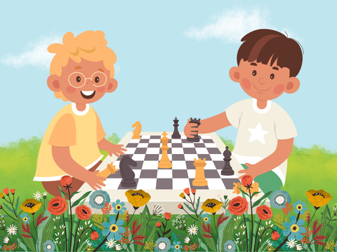 Kinder spielen auf der Wiese Schach (Grafik)