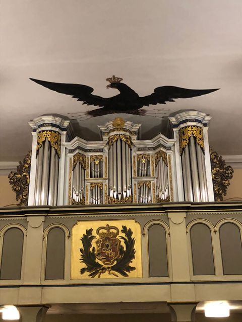 Bewachen den prächtigen barocken Orgelprospekt (1706) der ev. Kreuzkirche: Preußischer Adler und brandenburgisches Wappen
