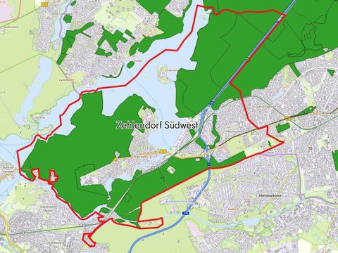 Die Karte zeigt die Schutzgebiete und Schutzobjekte nach Naturschutzrecht Berlin (inklusive Natura 2000) in der Bezirksregion Zehlendorf Südwest.