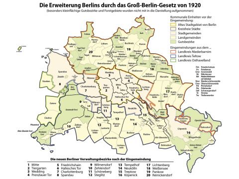 Karte: Die Erweiterung Berlins durch das Groß-Berlin-Gesetz von 1920 (Bild: Maximilian Dörrbecker (Chumwa))