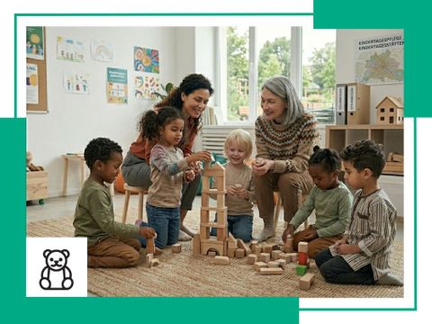 Mehrere jüngere Kinder spielen mit Holzbauklötzen. Zwei Erzieherinnen sitzen bei ihnen.