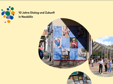 Auf einem hellgelben Hintergrund ist oben links in der Ecke das Logo 10 Jahre Dialog und Zukunft in Neukölln abgebildet. Neben dem Schriftzug ist eine Ansammlung blauer, lilaner, oranger und grüner Farbklekse zu sehen. Dies steht symbolisch für die Themenzusammenführung der einzelnen Cluster innerhalb der Stabsstelle. Rechts im Bild sind 5 runde Fotoausschnitte zu sehen. Ein Foto der Kampange Null Müll Neukölln, ein Foto von einem Stand mit Informationsmaterial zum Thema Nachhaltigkeit, eine Foto einer Gruppe die sich im freien unterhält, eine Foto der Langen Tafel an der Menschen miteinander im Gespräch sind und ein Foto des Pavillion im Grünzug der Gropiusstadt.