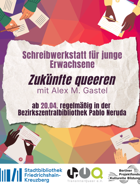 Grafik mit Veranstaltungstitel mit schreibenden Händen in allen vier Ecken des Bildes