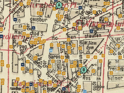 Ausschnitt eines Berliner Stadtplans aus den 1930er-Jahren: Es sind zahlreiche Orte markiert, die mit dem jüdischen Literaturschaffen dieser Zeit in Verbindung stehen, zum Beispiel die Wohnhäuser von Arno Nadel in der Bamberger Straße und von Gertrud Kolmar in der Speyerer Straße