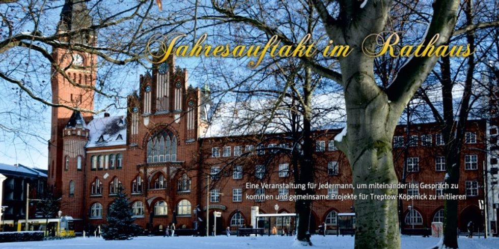 Rathaus Köpenick im Winter mit der Aufschrift - Jahresauftakt im Rathaus