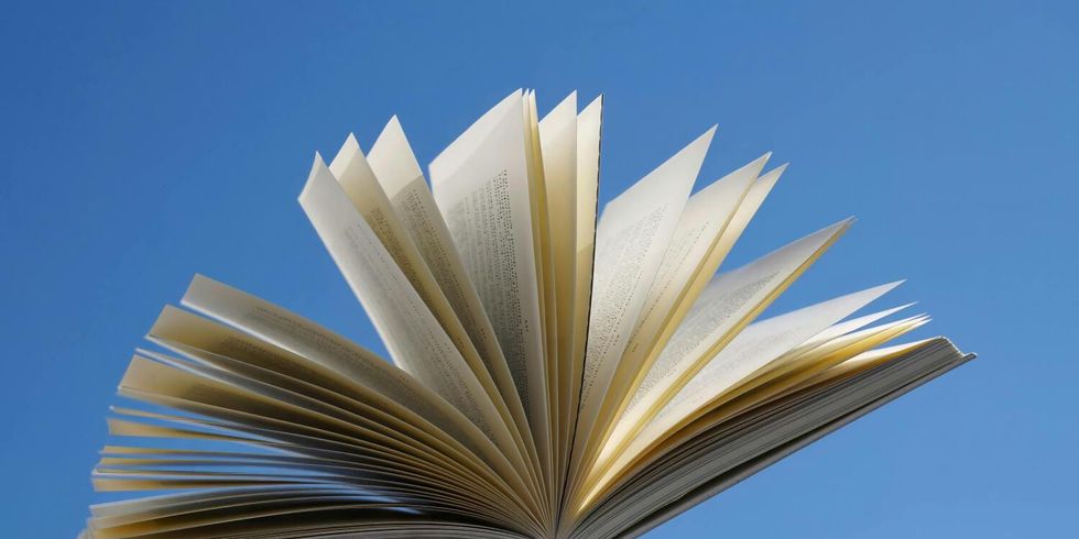 Ein aufgeschlagenes Buch fliegt vor blauem Hintergrund