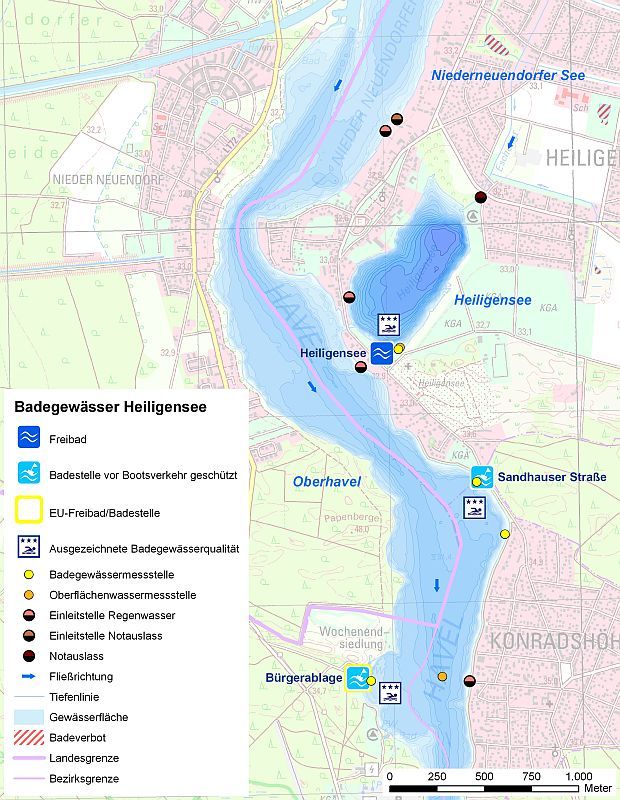 Abb. 1: Übersicht des Badegewässers Heiligensee mit Badestelle, Probenahmestelle und Einleitstellen.