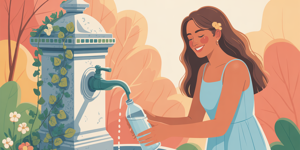 Frau füllt Wasserflasche an Brunnen