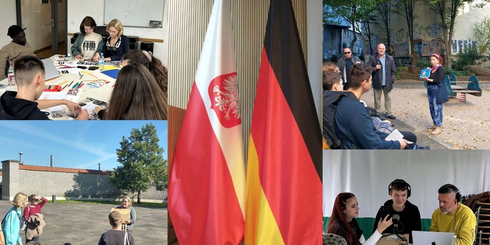 Auf einer Collage sind die deutsche und die polnische Flagge zu sehen sowie Situationen aus Workshops und Führungen.