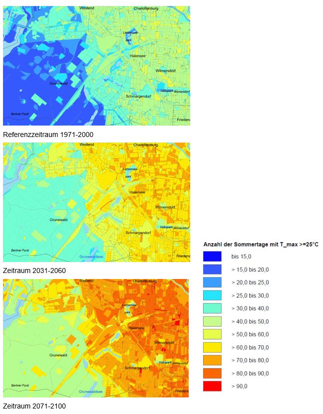 Abb. 2: Jährliche Anzahl der Sommertage im Referenzzeitraum 1971-2000 und in den Zukunftsperioden 2031-2060 und 2071-2100 basierend auf der Prognose des RCP8,5-Szenarios im Ausschnitt zwischen Grunewald und Charlottenburg/City West.