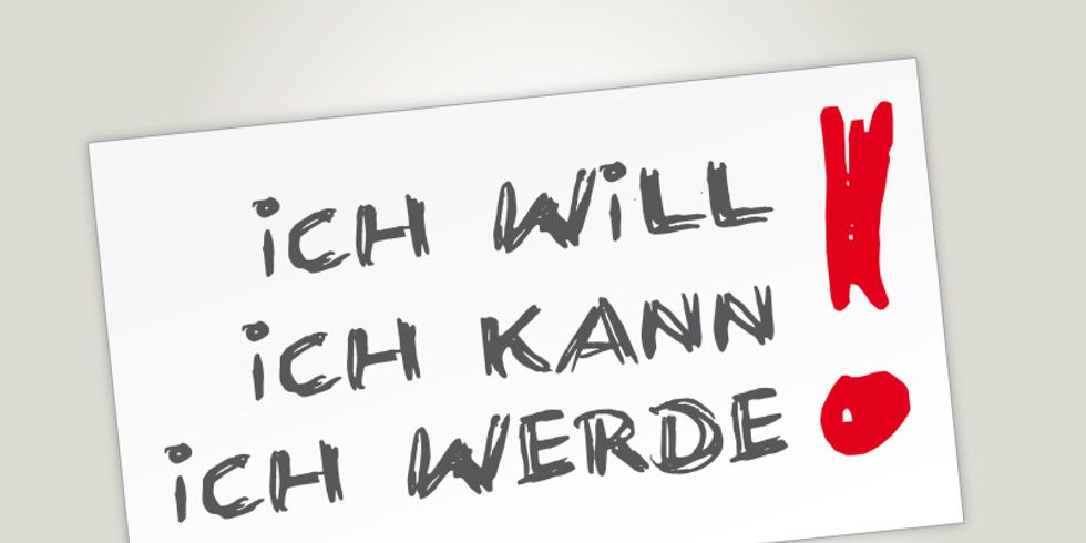 Illustration Mensch hält Plakat hoch mit Ich will, ich kann, ich werde