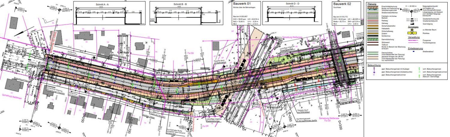 Erneuerung Verkehrsanlage Blankenburger Chaussee Karower Damm – Lageplan Teil 1 nördlicher Bereich (Auszug Entwurfsplanung) (Bild: SenMVKU / IB Grassl, VIC)