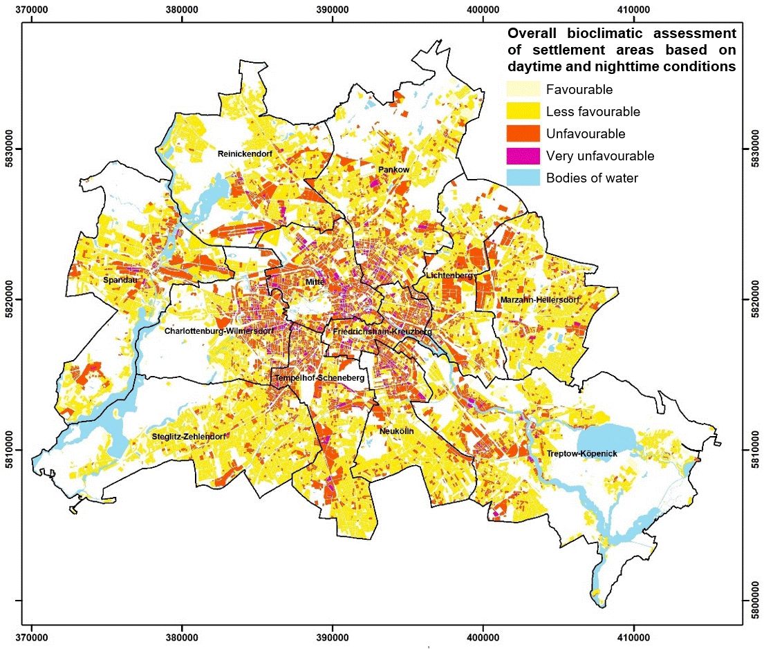 Figure 2: Spatial distribution of assessment classes for overall thermal conditions in Berlin’s settlement areas (daytime and nighttime)