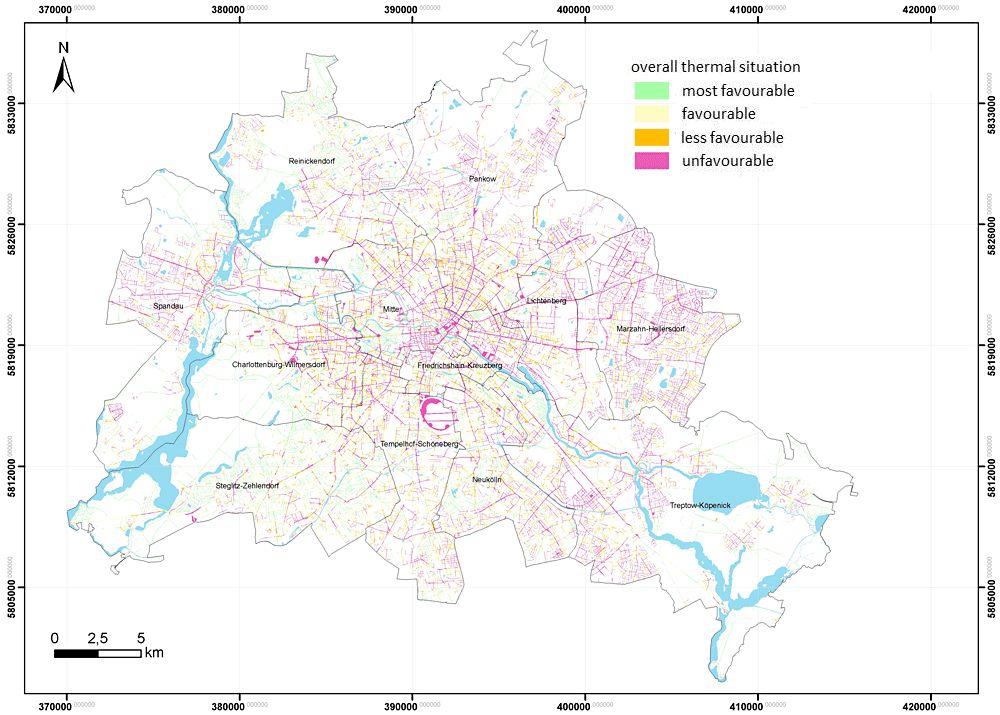 Fig. 5: Overall evaluation of the thermal situation on public roads, paths and places in Berlin. (Image: Umweltatlas Berlin)
