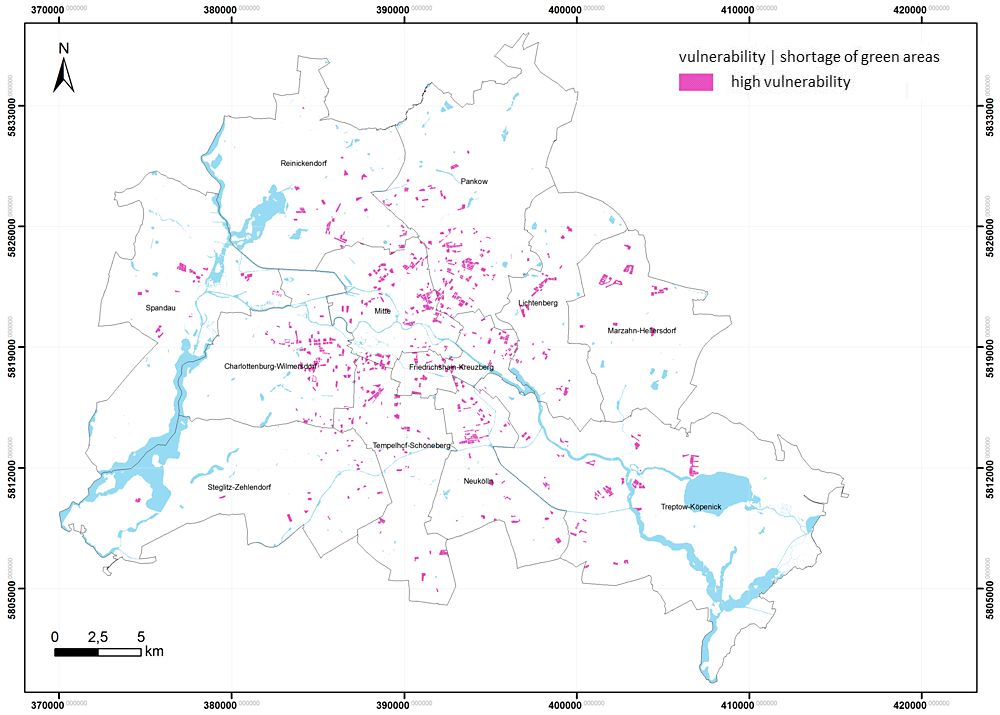 Fig. 19: Spatial representation of areas with a special vulnerability as compared to the urban climate based on a shortage of green areas in Berlin (Image: Umweltatlas Berlin)