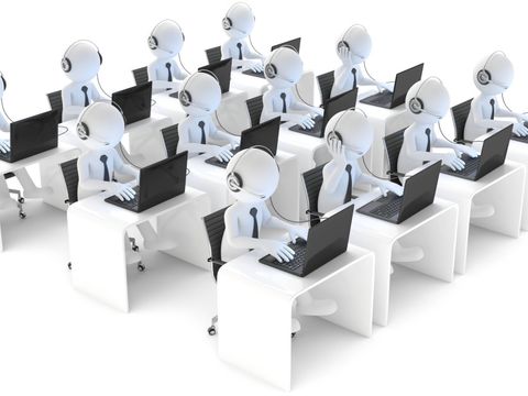 Figuren am Schreibtisch mit Headset in 4 mal 4 Reihen