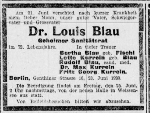 Todesanzeige Louis Blau