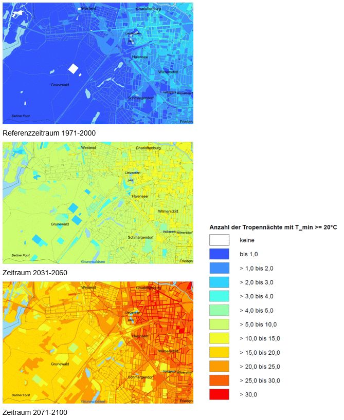 Abb. 4: Jährliche Anzahl der Tropennächte im Referenzzeitraum 1971-2000 und in den Zukunftsperioden 2031-2060 und 2071-2100 basierend auf der Prognose des RCP8,5-Szenarios im Ausschnitt zwischen Grunewald und Charlottenburg/City West.