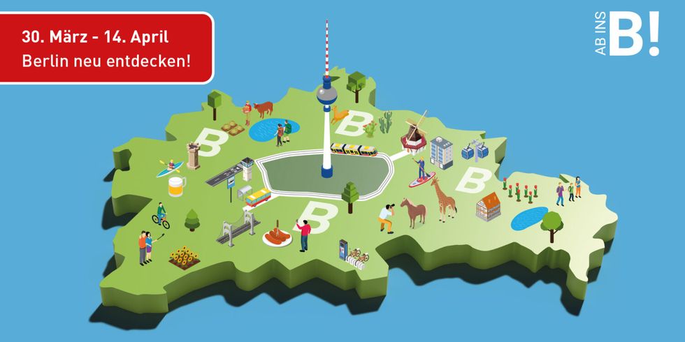 Bunte Grafik des Projekts "Ab ins B!"; vom 30. März bis 14. April; im Bereich der B-Tarifzone sind unterschiedliche Attraktionen verteilt.