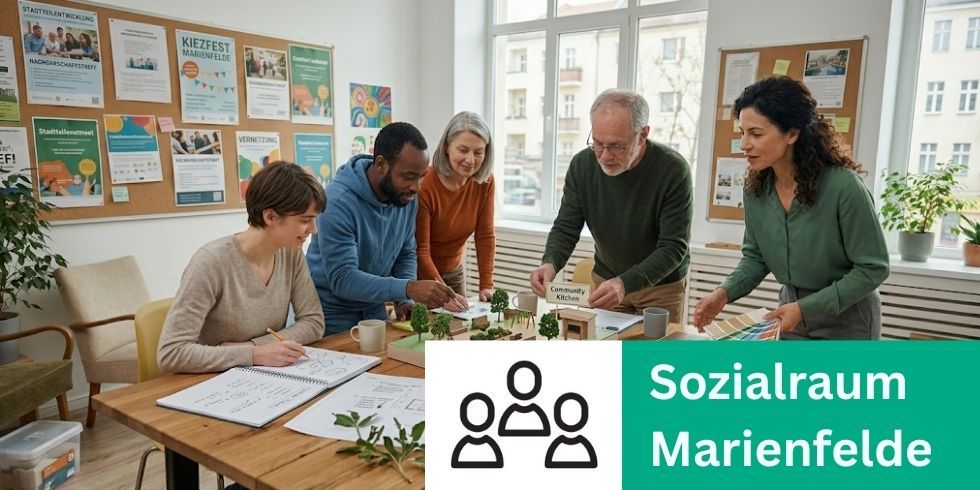 Mehrere Erwachsene stehen um einem Tisch, wo sie ein neues Projekt besprechen. Rechtsunten im Bild befindet sich ein Icon "Menschenmenge" und der Schriftzug Sozialraum MArienfelde