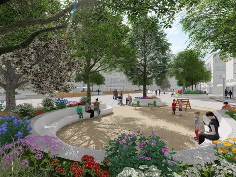 Umbau Markt Modellansicht vom Spielplatz aus