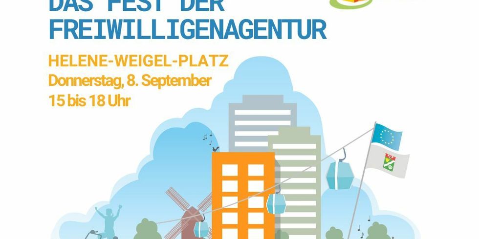 Flyer des Festes "Aller_Ehren_wert", er zeiegt eine bunte grafische Collage von Beurikswappen. Hochhäusern, Silhouetten der Windmühle, Menschen mit Kinderwagen, Fahrrad, musizierend und gemeinsam an einem Tisch sitzend